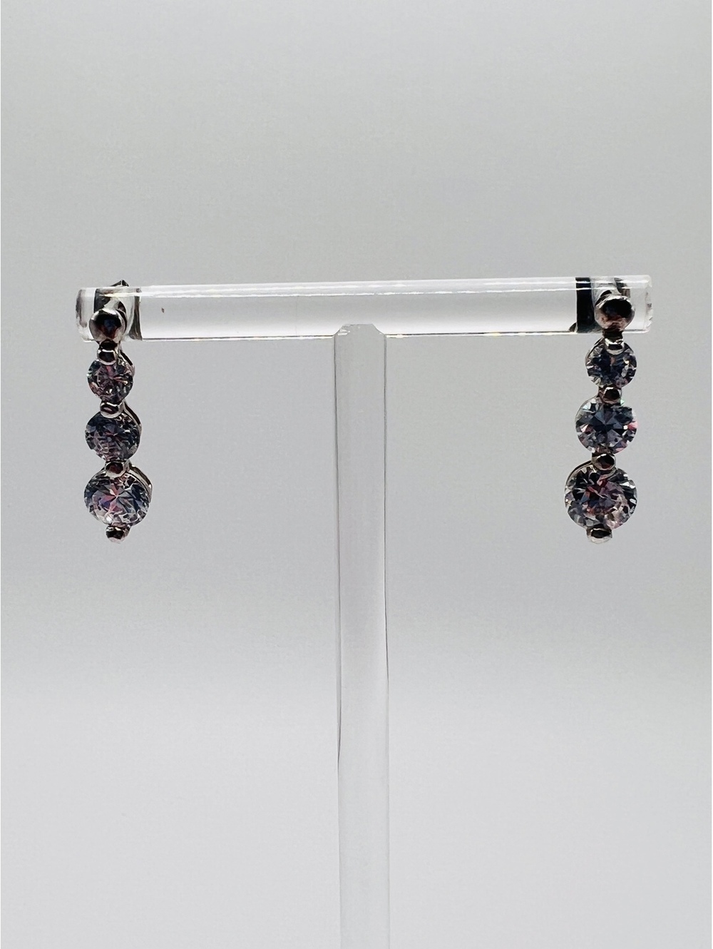 925 Sterling Silver Graduated 3 Stone CZ Drop Earrings Round Dangle